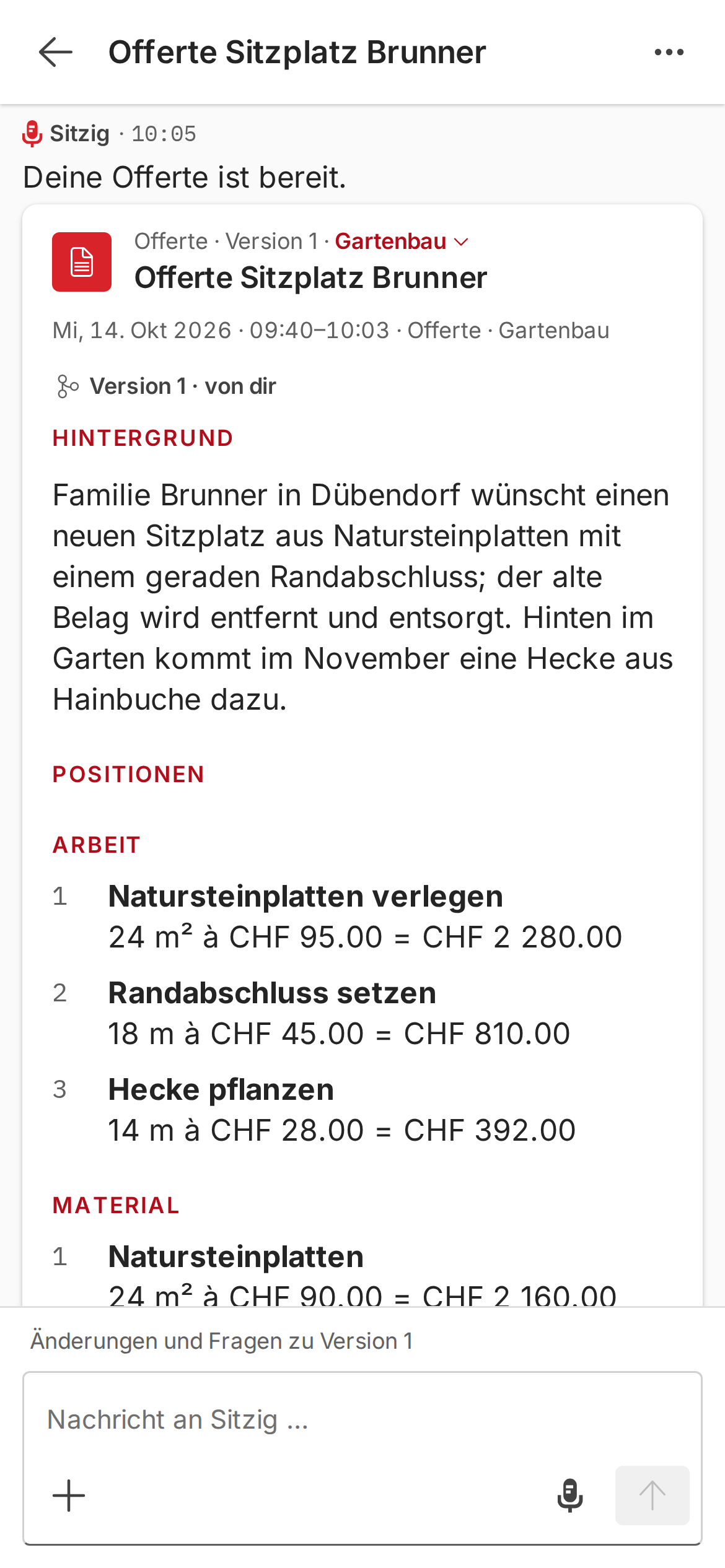 Offertenentwurf für einen neuen Sitzplatz mit Leistungen, Mengen und Preisen.