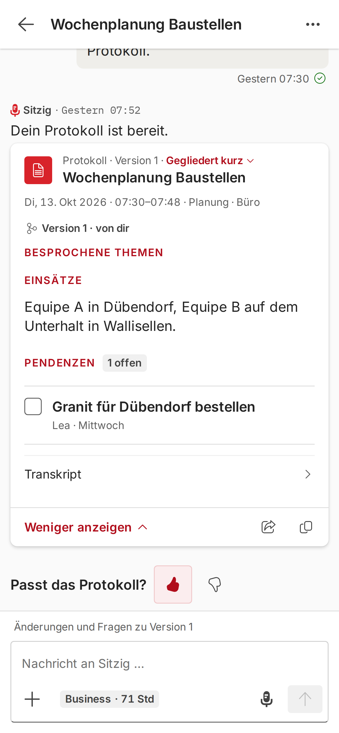 Protokoll einer Planungsbesprechung im Büro mit Themen, Beschlüssen und Pendenzen.