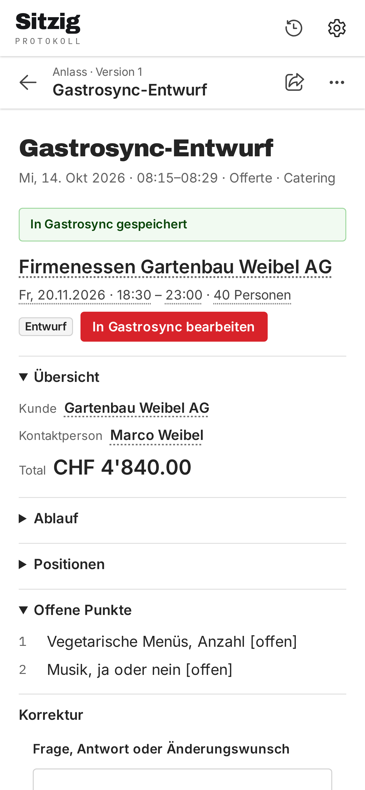 Anlass in Gastrosync mit Eckdaten, Kunde und Offertenvorschlag.