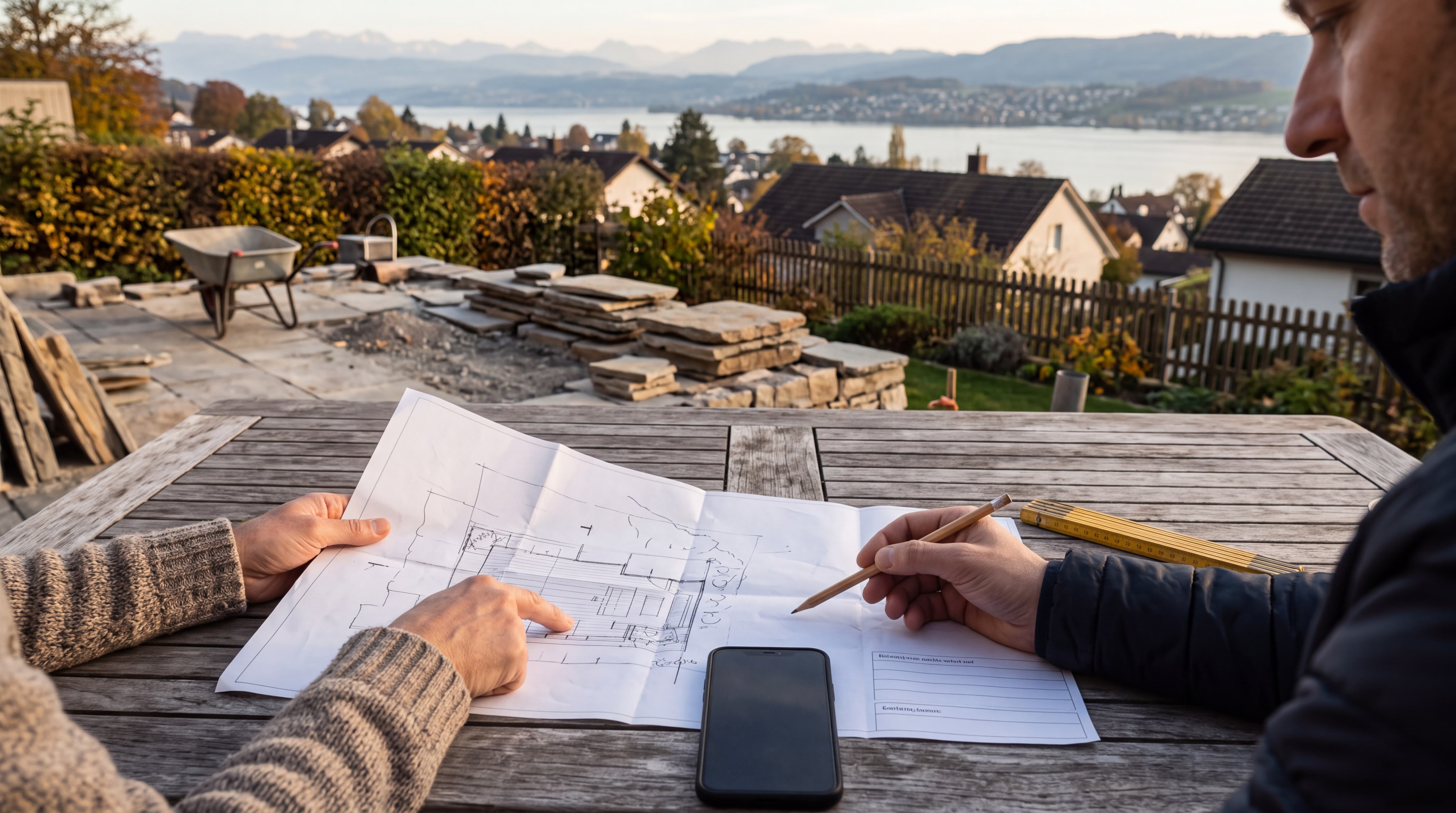 Gartenbauer und Kundin am Gartentisch mit dem Plan, das Handy liegt daneben.